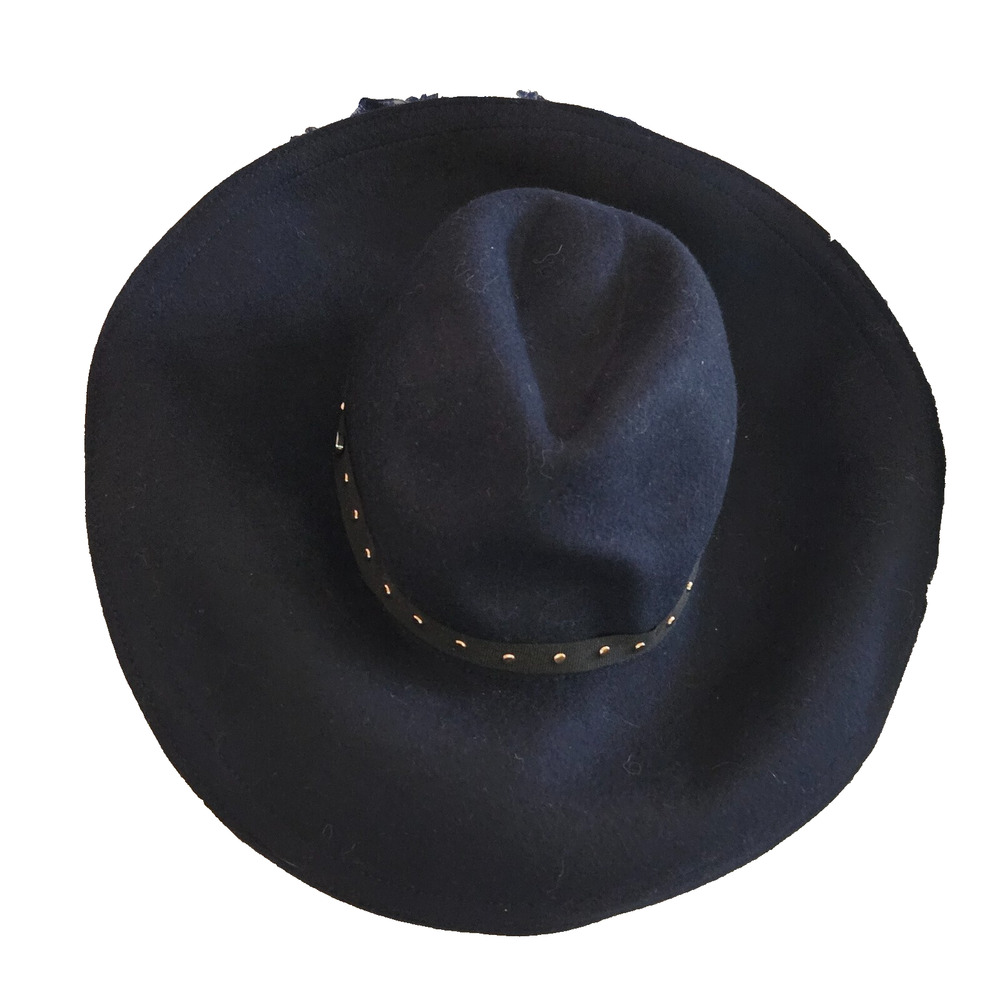 TED BAKER Fedora Hat Navy Blue 100% Wool Studded Wide Brim‎ One Size NEW